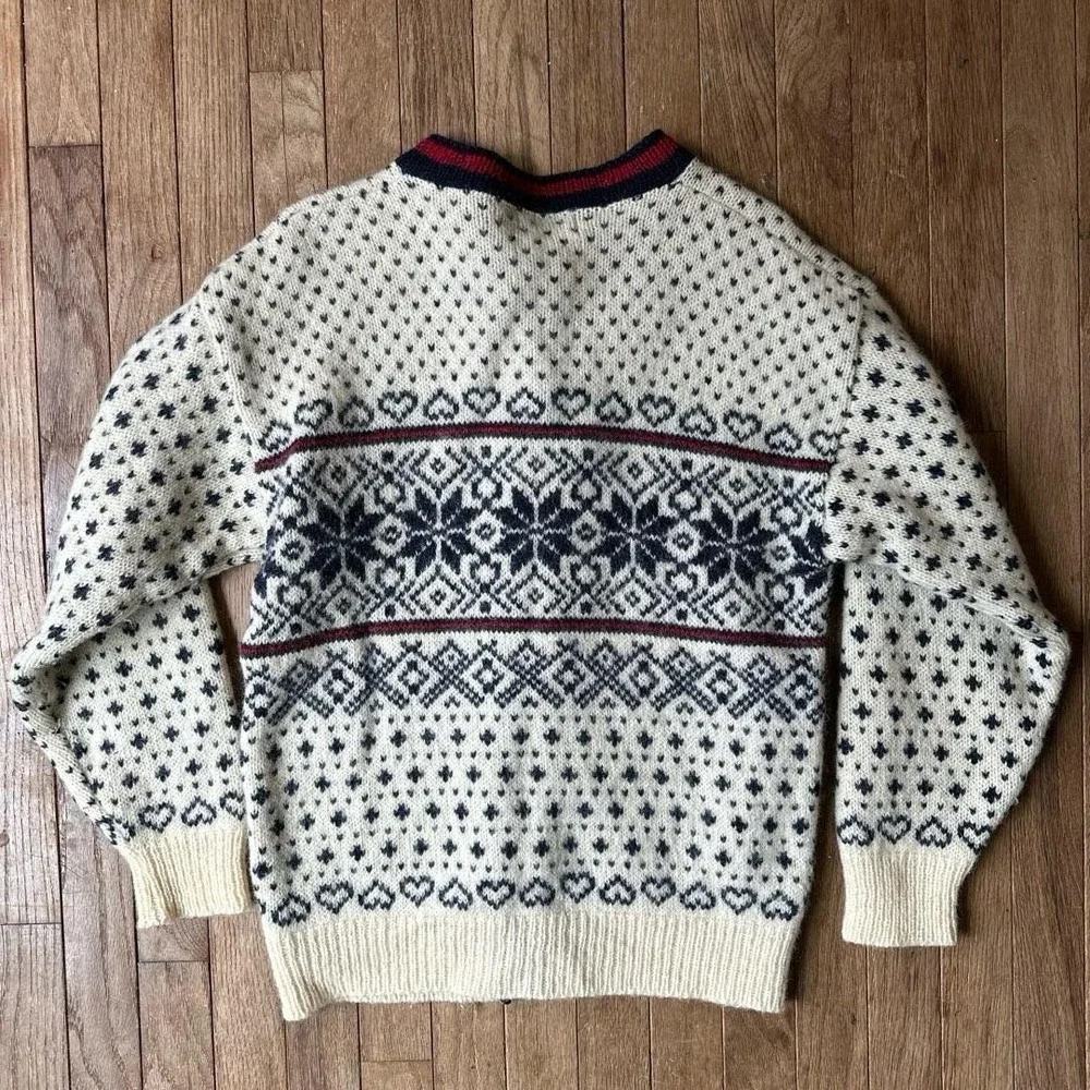 LL Bean Vintage Nordic Fair Isle Wool Sweater M Cream Multi Knit Button Front - Picture 10 of 10